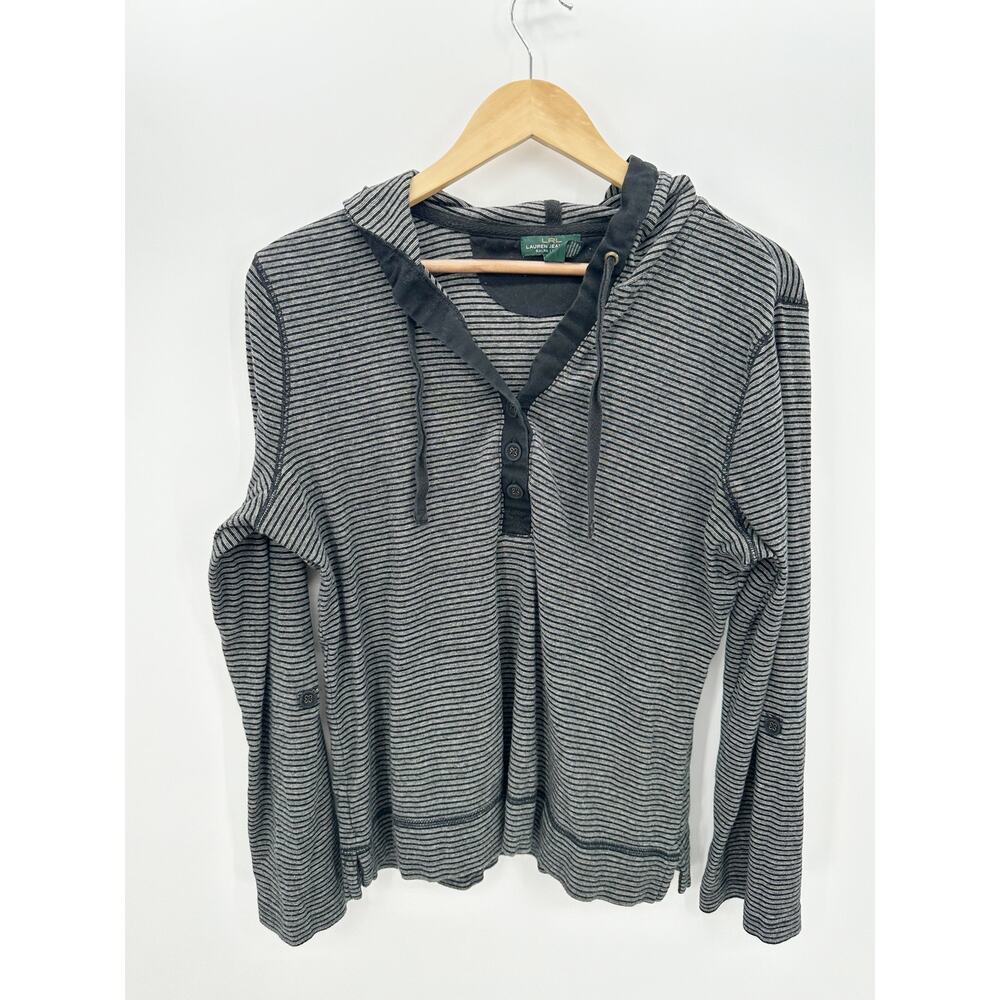Lauren Ralph Lauren Black Gray Striped Henley Hoodie Roll Tab Shirt Women XL